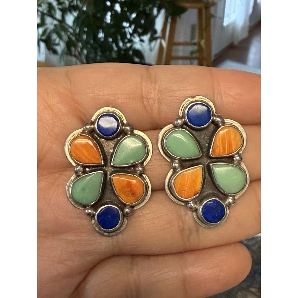 Vintage 1992 OSCAR BETZ Sterling Turquoise Lapis Spiny Earrings
